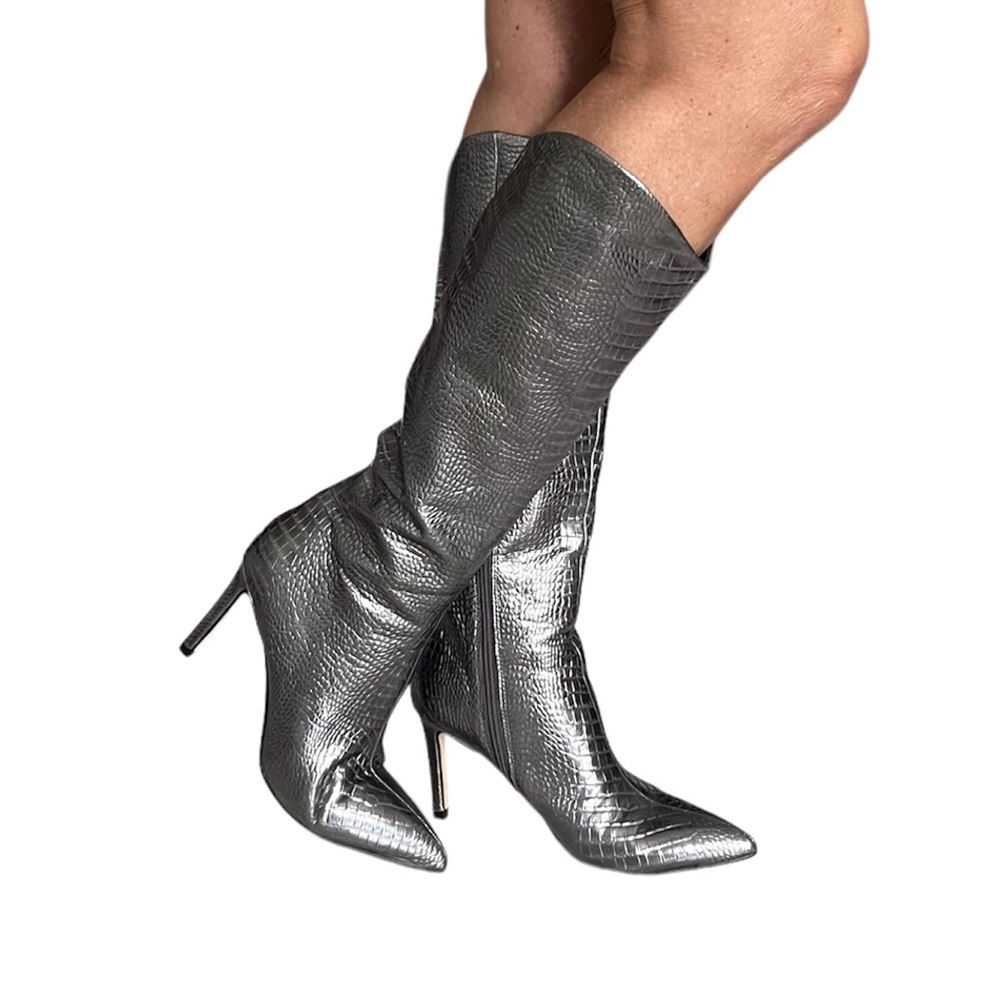 NINE WEST Women Gunmetal Snake Print Comfort Erli Stiletto Heeled Boots 6
